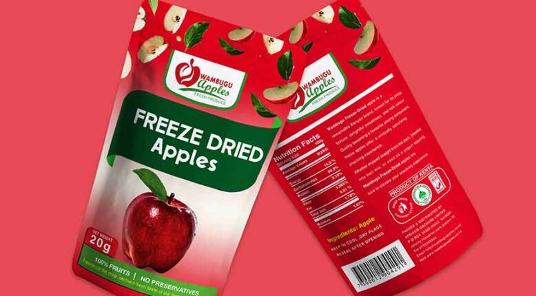 Wambugu Freeze dried fruits packaging design Process , Visual approach design on Wambugu apples package , How to design a stunning stand-up pouch design , Horticultural sector in Kenya, Important of packaging design in Nairobi Kenya .