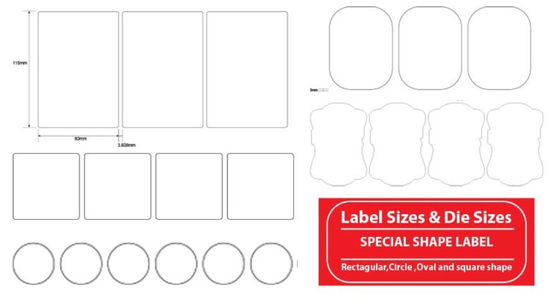 Label and die cut sizes,Special shape label, Rectagular and square label ,curcle label and Oval Labels